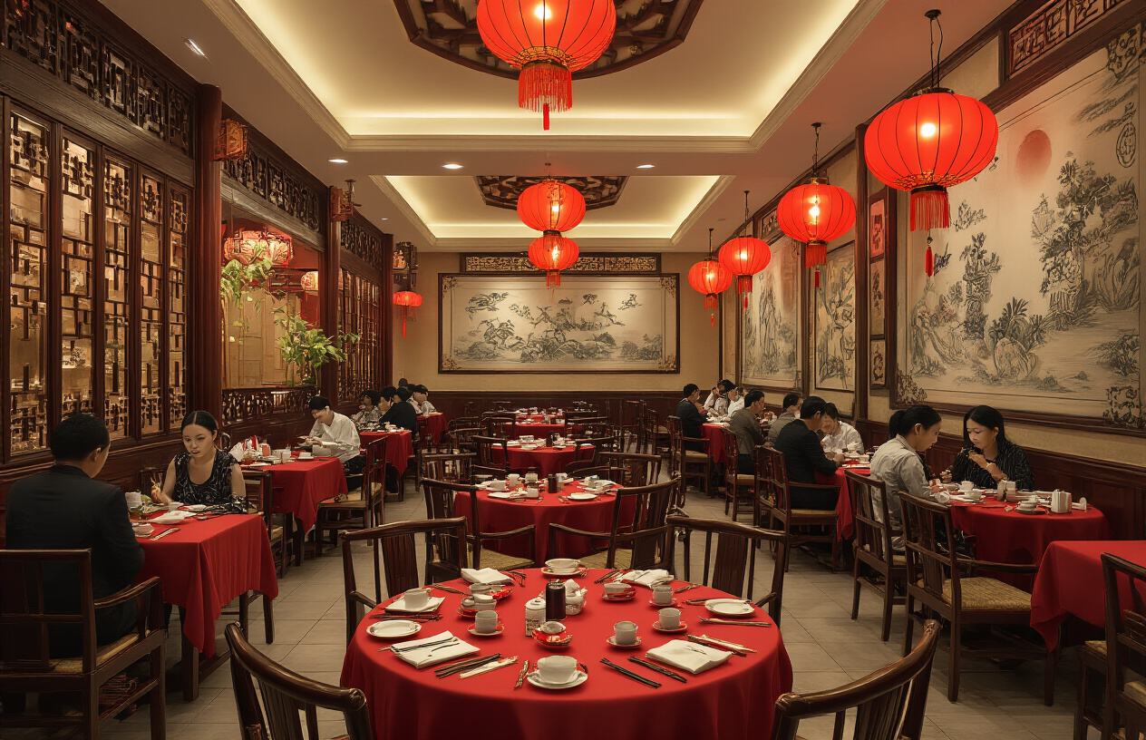 Create a realistic image of an elegant Chinese restaurant interior in Abuja with warm ambient lighting, featuring traditional Chinese decor elements like red lanterns and wooden furniture, multiple dining tables with red tablecloths set with chopsticks and tea cups, a mix of black Nigerian diners and Asian diners enjoying their meals together, ornate Chinese artwork on the walls, and a welcoming atmosphere that showcases the fusion of Chinese culinary culture in Nigeria's capital city, absolutely NO text should be in the scene.