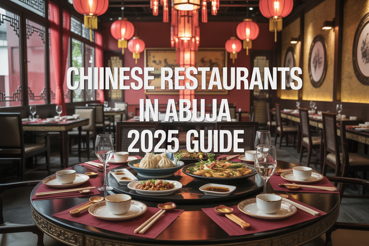 Create a realistic image of an elegant Chinese restaurant interior in Abuja with traditional red and gold decor, ornate wooden furniture, Chinese lanterns hanging from the ceiling, a beautifully set dining table with authentic Chinese dishes including dumplings and stir-fry, chopsticks and tea service, warm ambient lighting creating an inviting atmosphere, and overlay text reading 